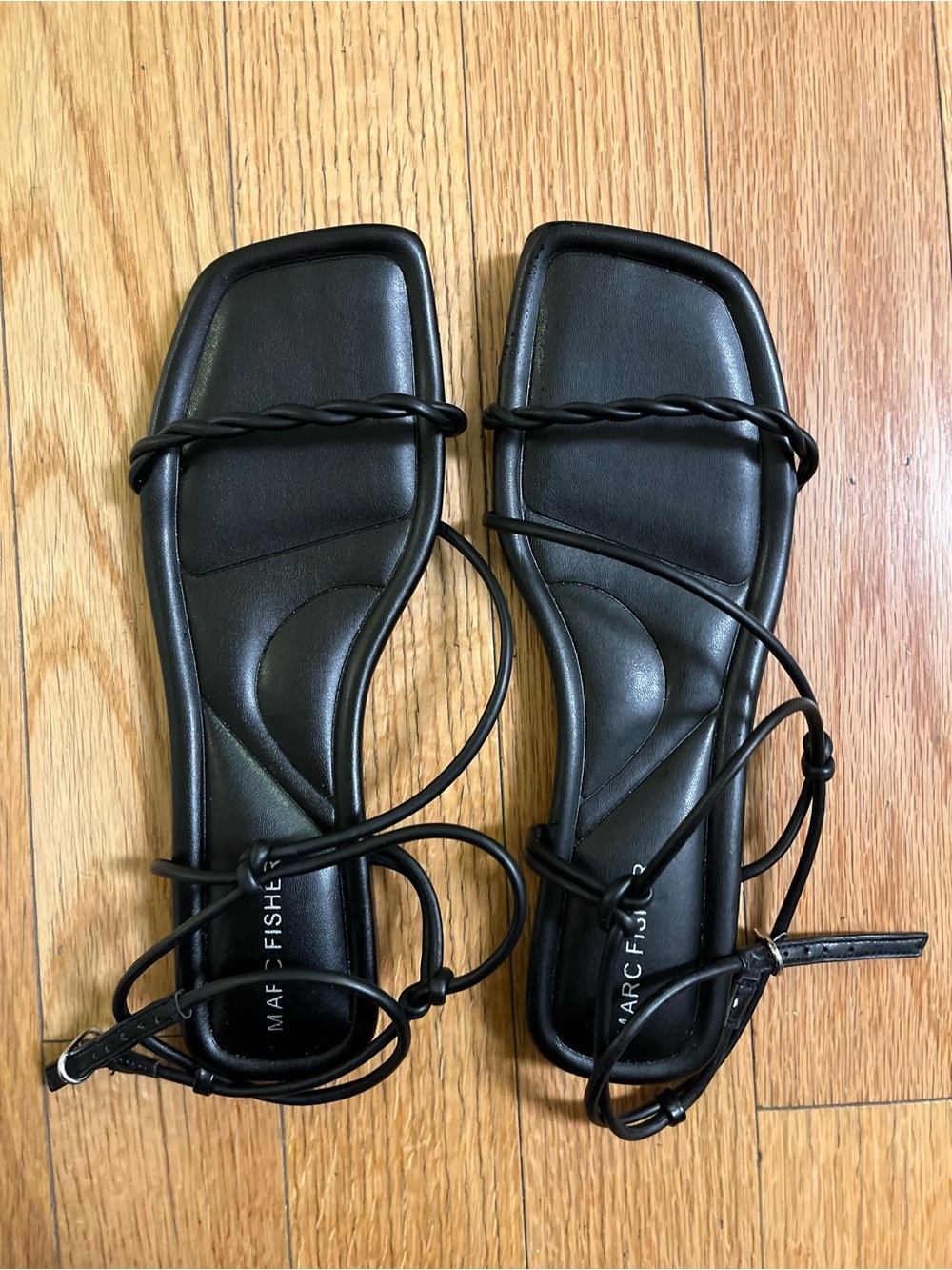 NEW Marc Fisher Black Braided-Strap Square Toe Lace-Up Sandals